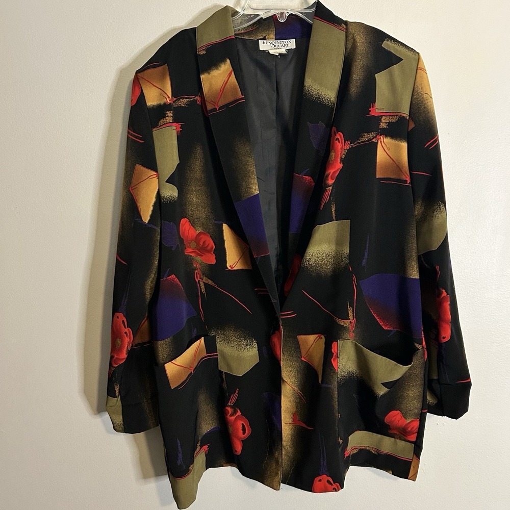 Kensington Square Floral Abstract Blazer Colorful 80s Vintage Jacket Size Large‎